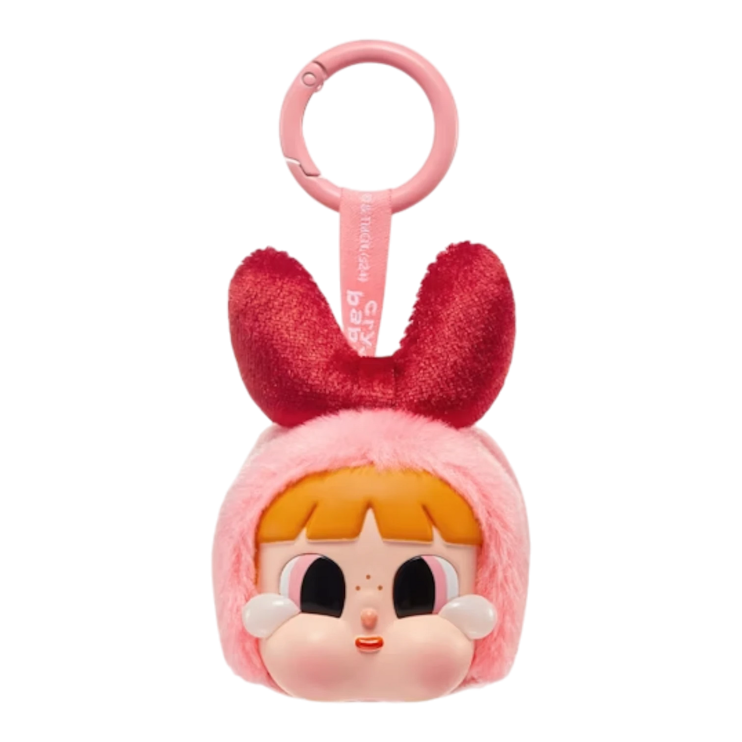 Squish Planet CryBaby x Powerpuff Girls plush toy with pink fur hood and red bow, featuring a vinyl face with large eyes and rosy cheeks.