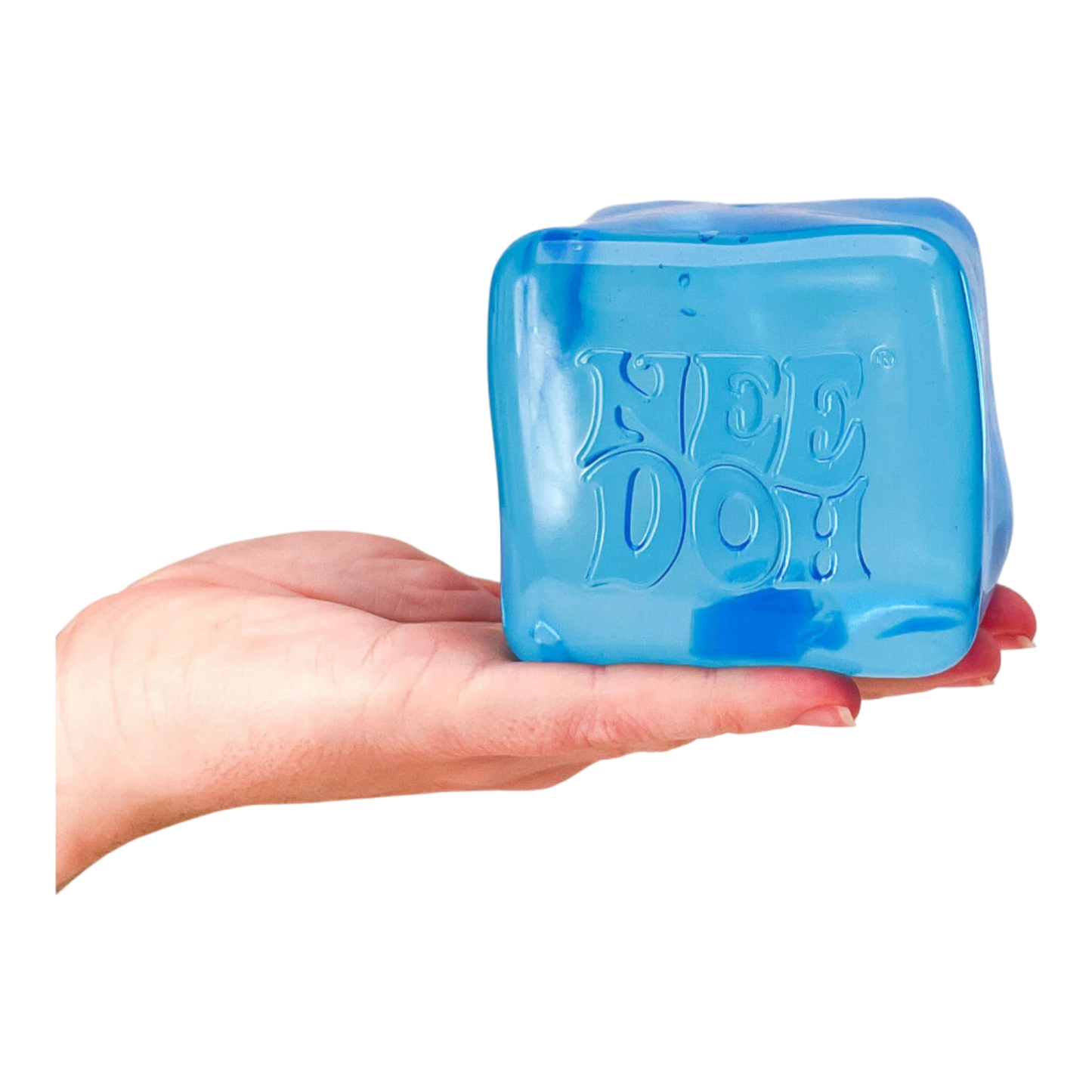 Squish Planet NeeDoh Nice Berg squishy fidget toy in translucent blue, held in a hand. Soft, slow-rising texture.