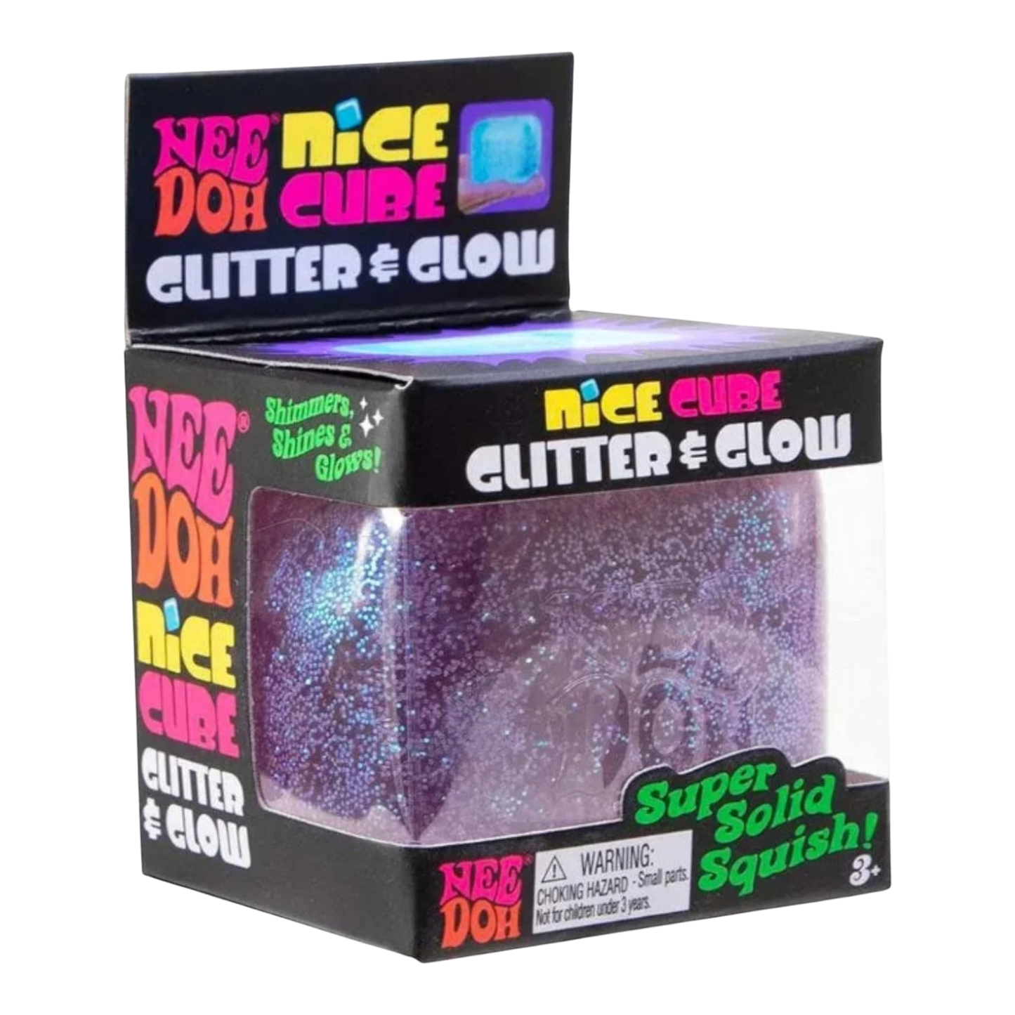 Squish Planet NeeDoh Nice Cube Glitter and Glow sensory fidget toy, a purple squishy cube with blue glitter.