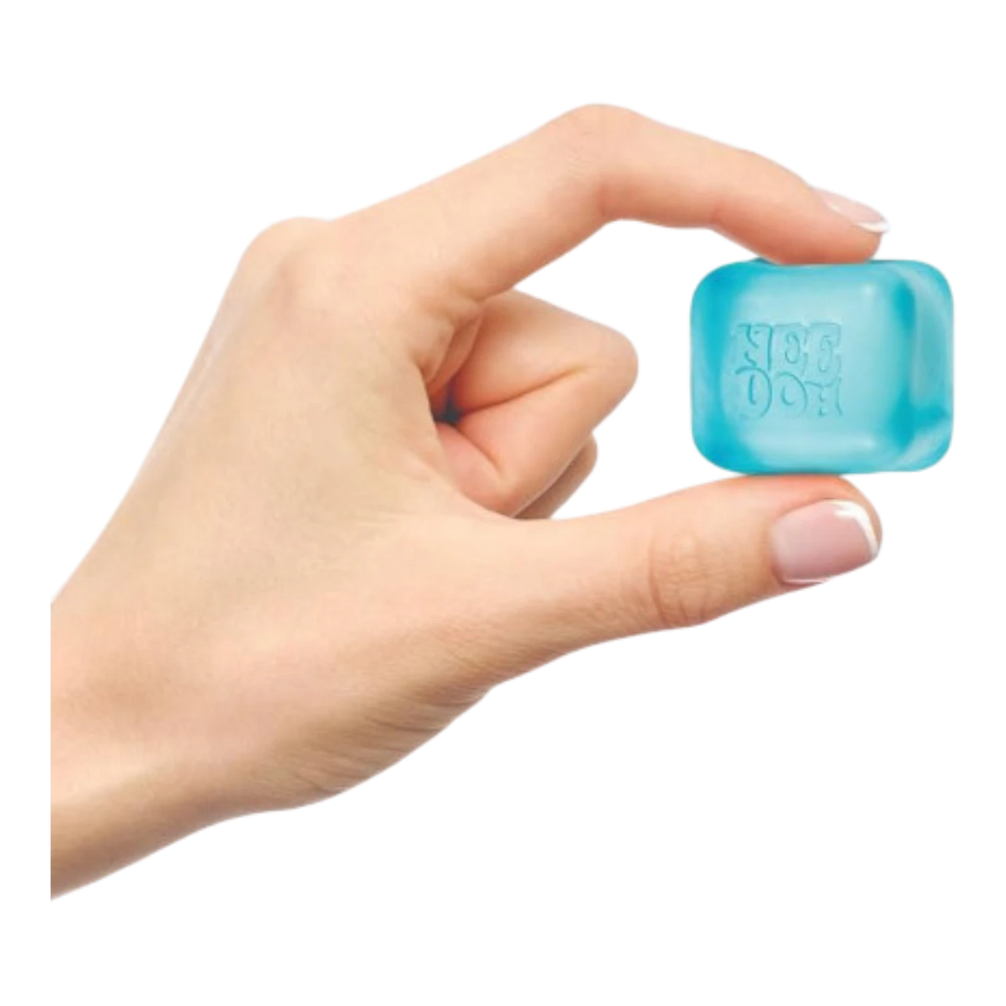 Squish Planet NeeDoh Nice Ice Baby squishy fidget toy, a small blue cube with embossed lettering, held between fingers.
