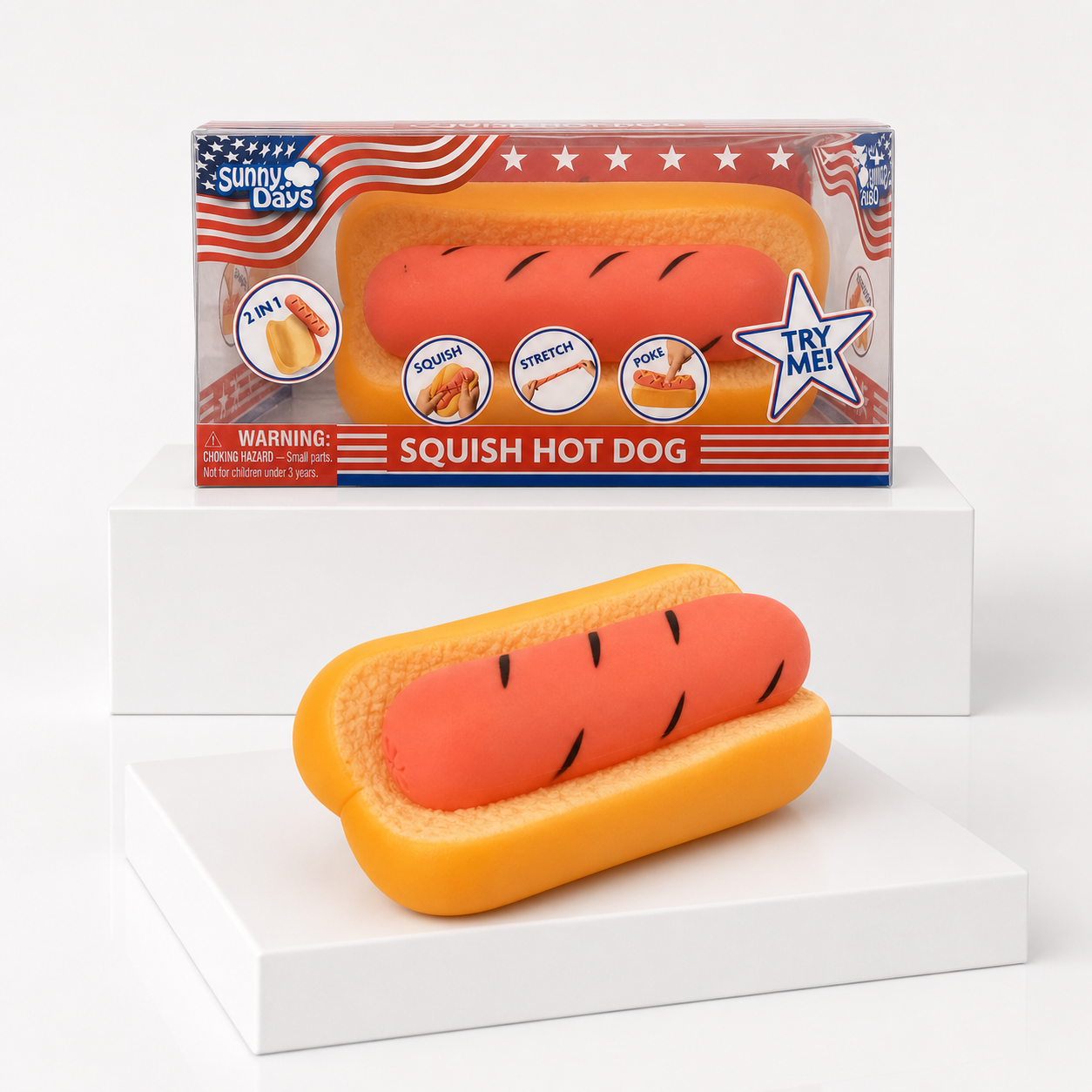 Sunny Days Squish Hot Dog package with loose hot dog squishy