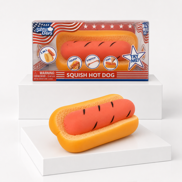 Sunny Days Squish Hot Dog package with loose hot dog squishy