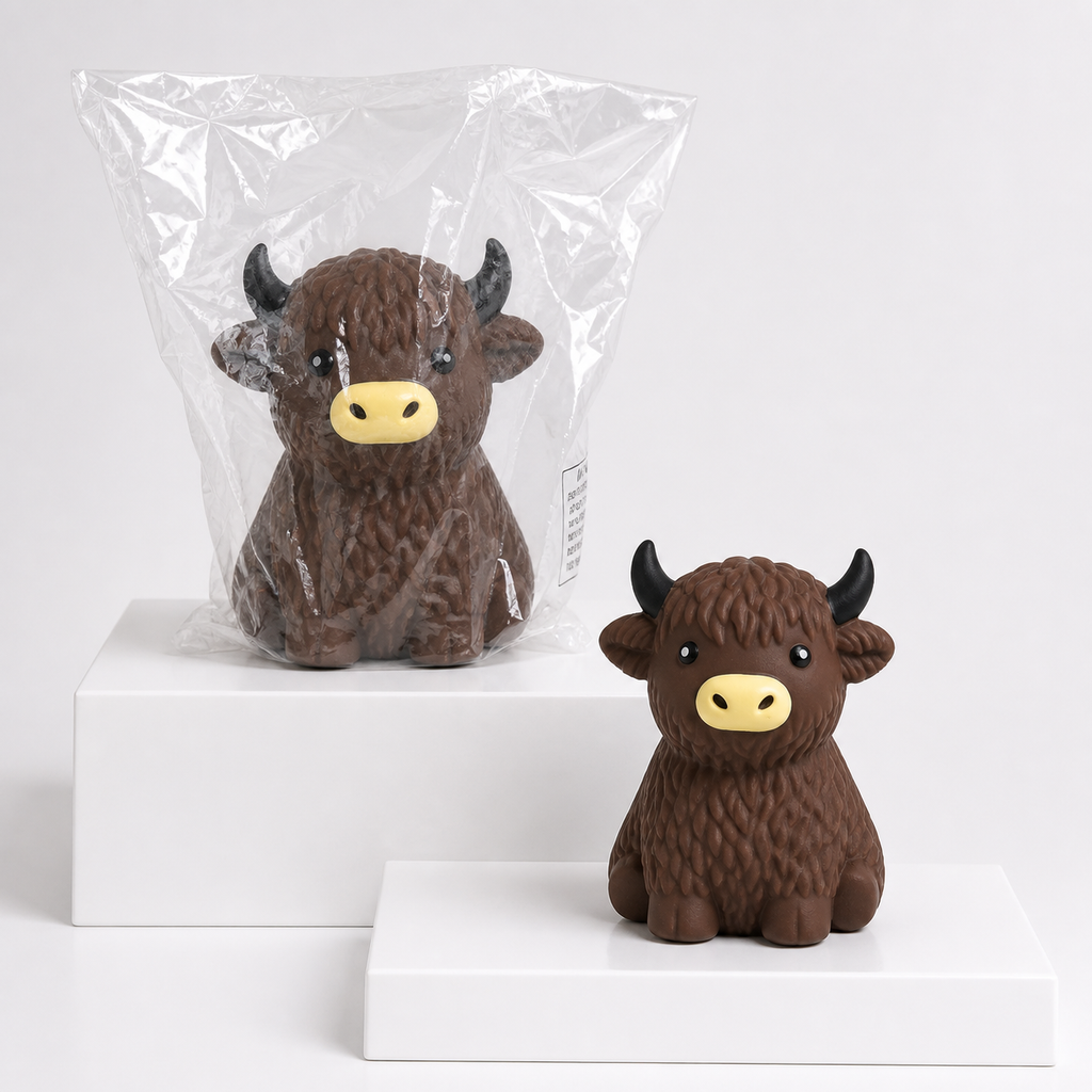 TNP Highland Cow Dark Brown in clear plastic packaging with loose squishy toy
