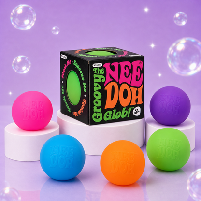 NeeDoh Groovy Glob package with pink, blue, orange, green and purple squishy balls on white podiums.