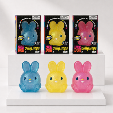 NeeDoh Jelly Hops blue yellow and pink packaged scented bunny squishies