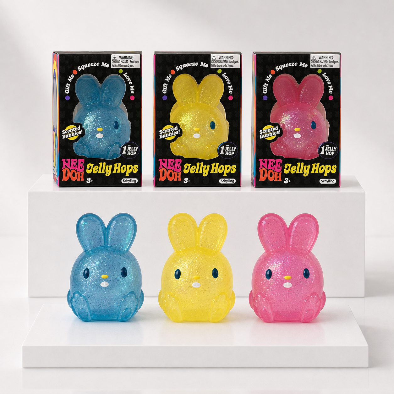 NeeDoh Jelly Hops blue yellow and pink packaged scented bunny squishies