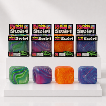 NeeDoh Nice Cube Swirl four packaged colorways with matching swirl cube assortment