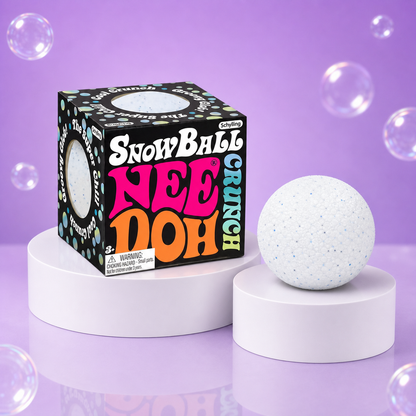 NeeDoh Snowball Crunch package with a white textured snowball squishy on white podiums.