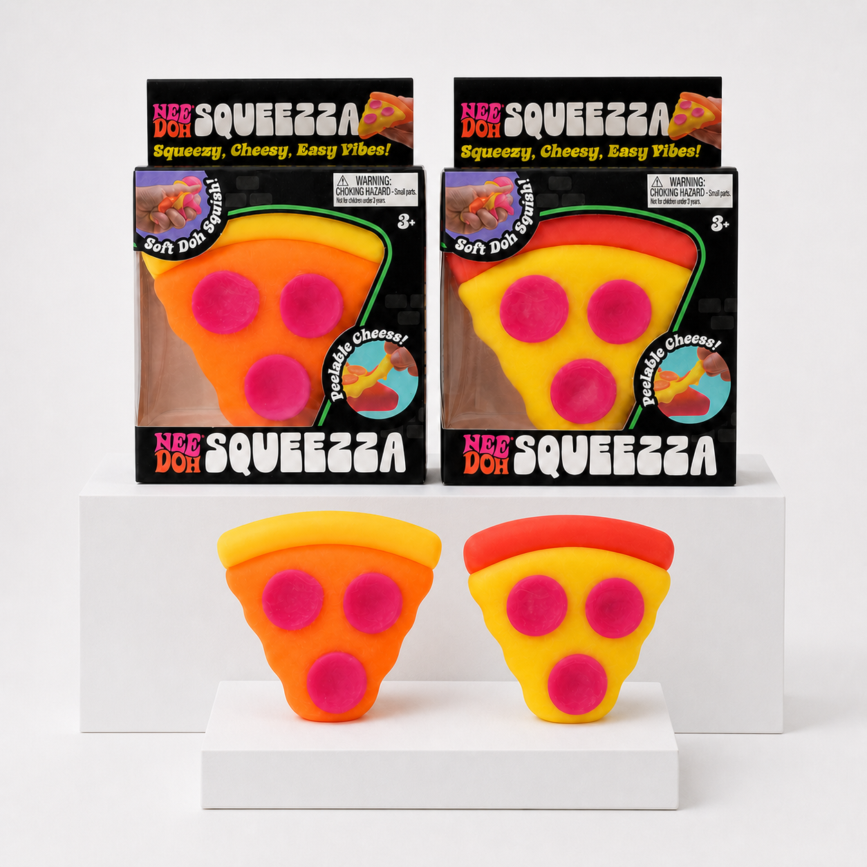 NeeDoh Squeeza Pizza packaging with two received squishy color variants on white rectangular podiums