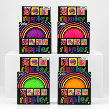 NeeDoh Super Ripples retail packages in purple, pink, green, and orange on white rectangular podiums