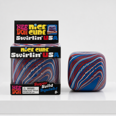 NeeDoh Nice Cube Swirlin USA retail package and matching red white and blue cube aligned front-facing on a white podium