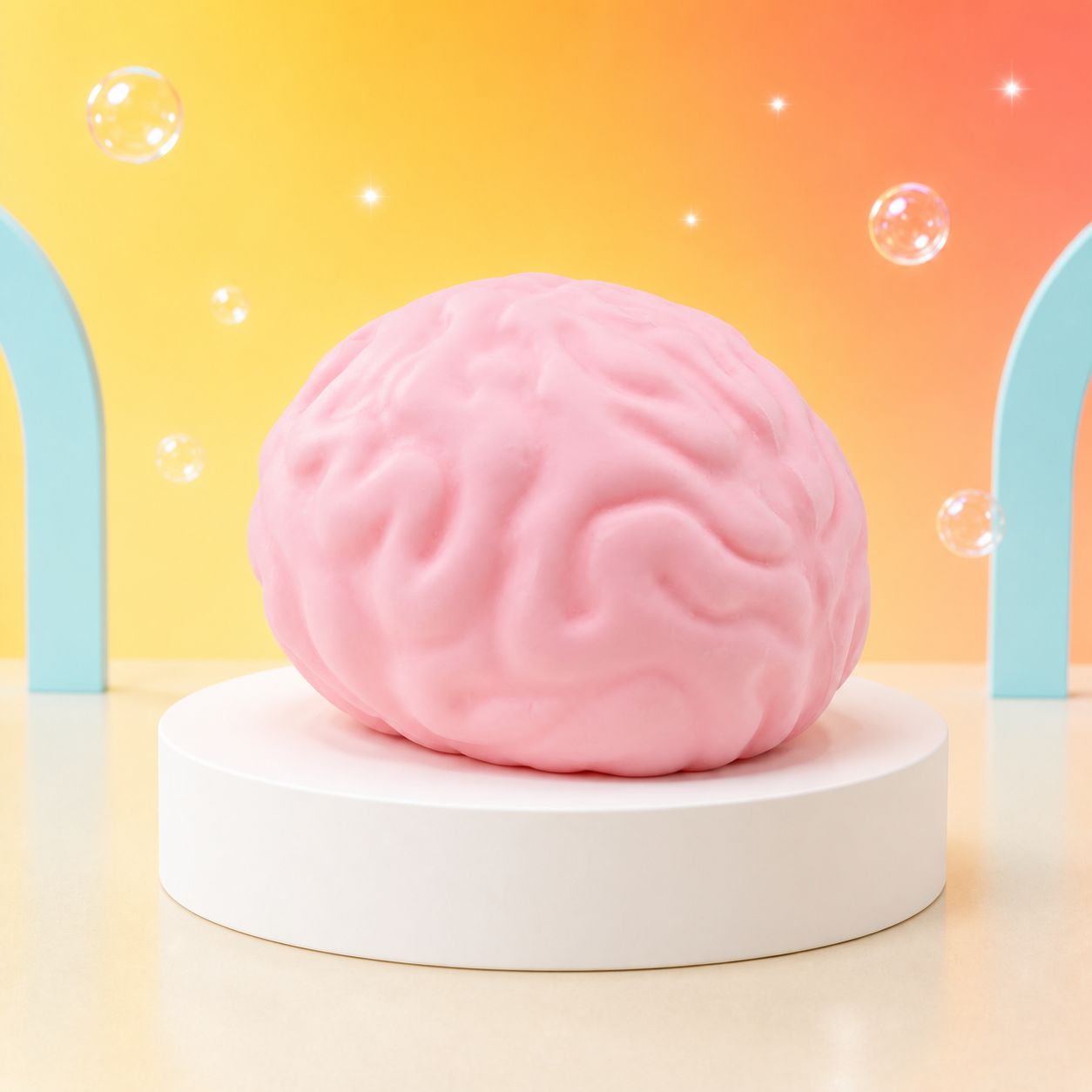 Pink ORB Easy Sqweezy Jumbo Brainy squishy on a Citrus Pop white podium