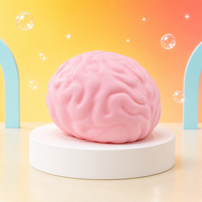 Pink ORB Easy Sqweezy Jumbo Brainy squishy on a Citrus Pop white podium