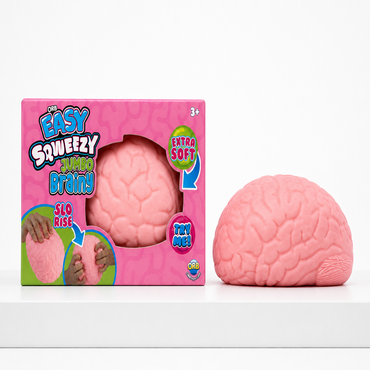 ORB Easy Sqweezy Jumbo Brainy retail package and matching pink brain squishy on a white podium