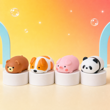 ORB Easy Sqweezy Snugglies Bear, Corgi, Piglet and Panda on Citrus Pop podiums