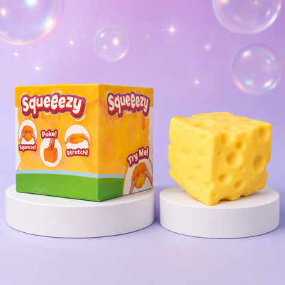 Sunny Days Squeeezy Cheese Block package and yellow cheese block sensory toy