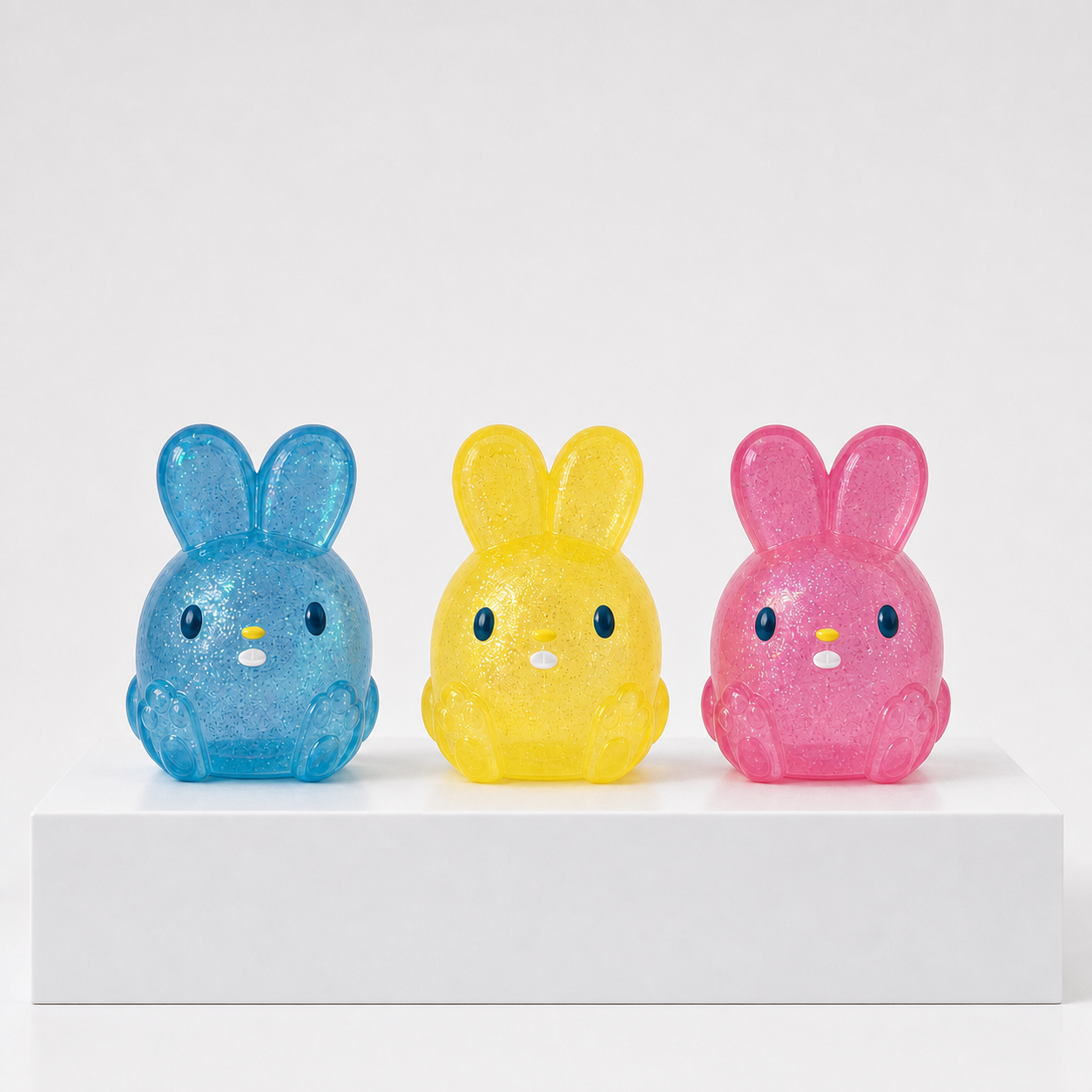 NeeDoh Jelly Hops translucent glitter bunnies in blue yellow and pink