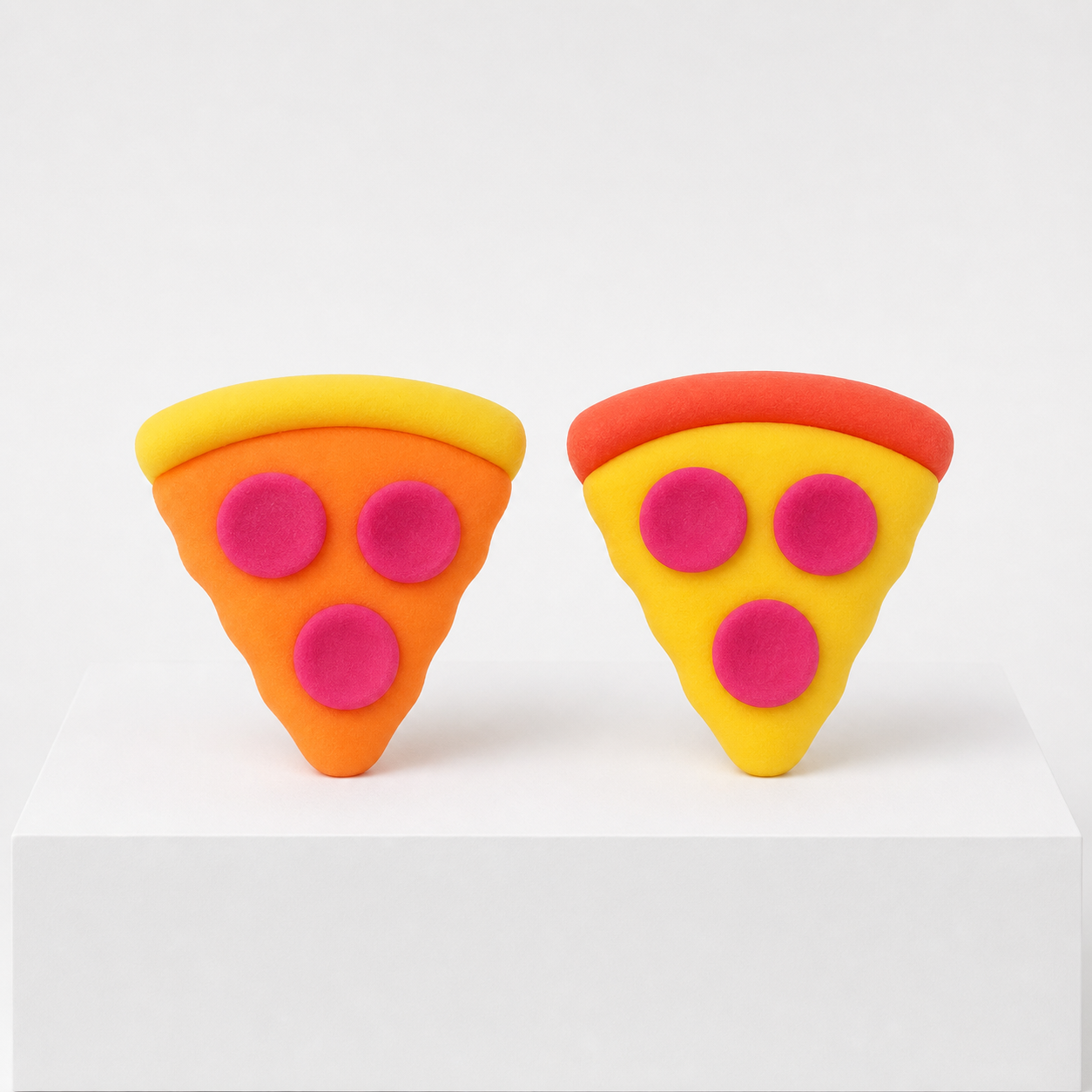 Orange and yellow NeeDoh Squeeza Pizza squishy fidget toys on white rectangular podiums