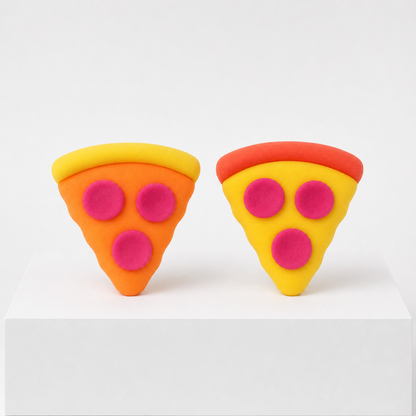 Orange and yellow NeeDoh Squeeza Pizza squishy fidget toys on white rectangular podiums