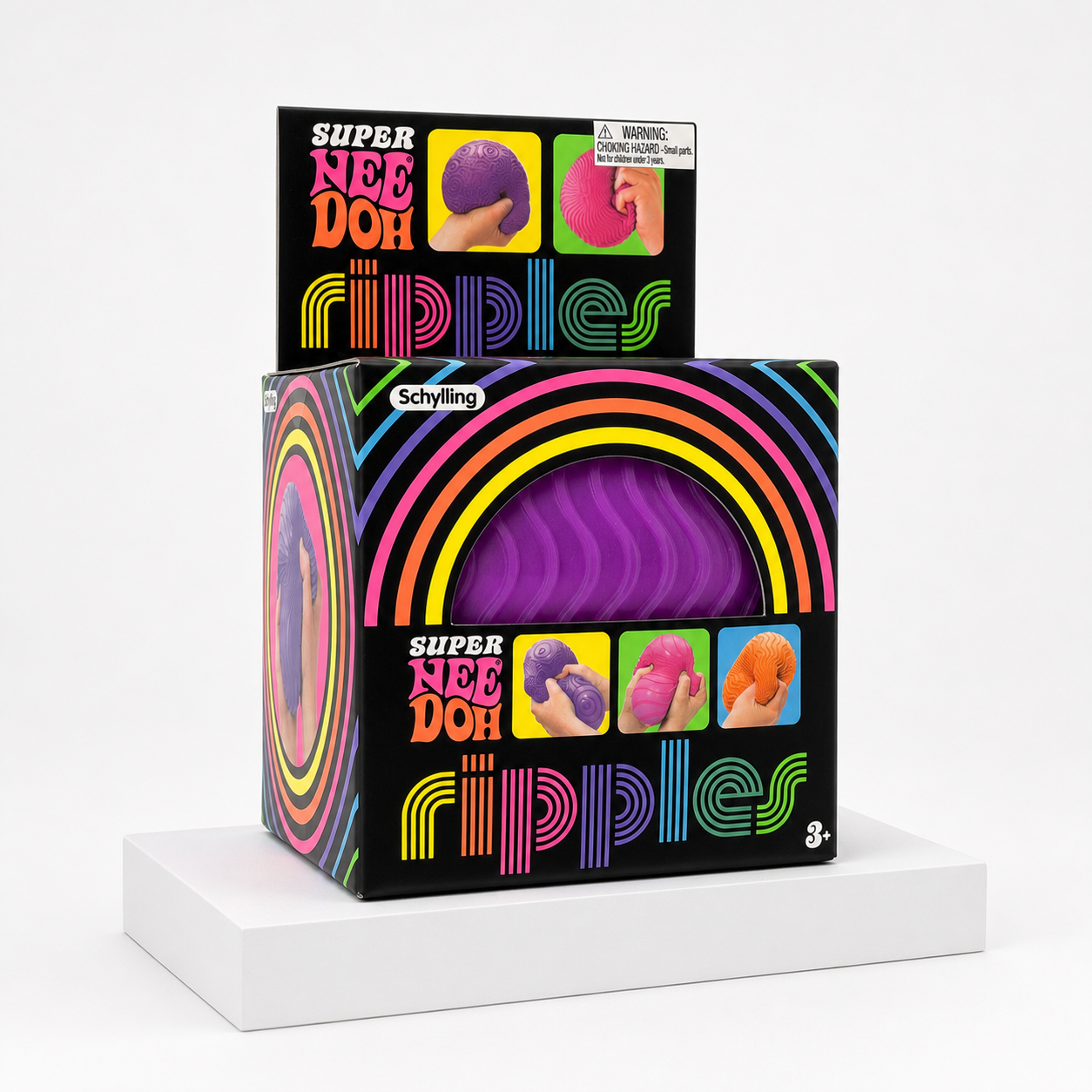 Purple NeeDoh Super Ripples fidget ball retail package on a white rectangular podium