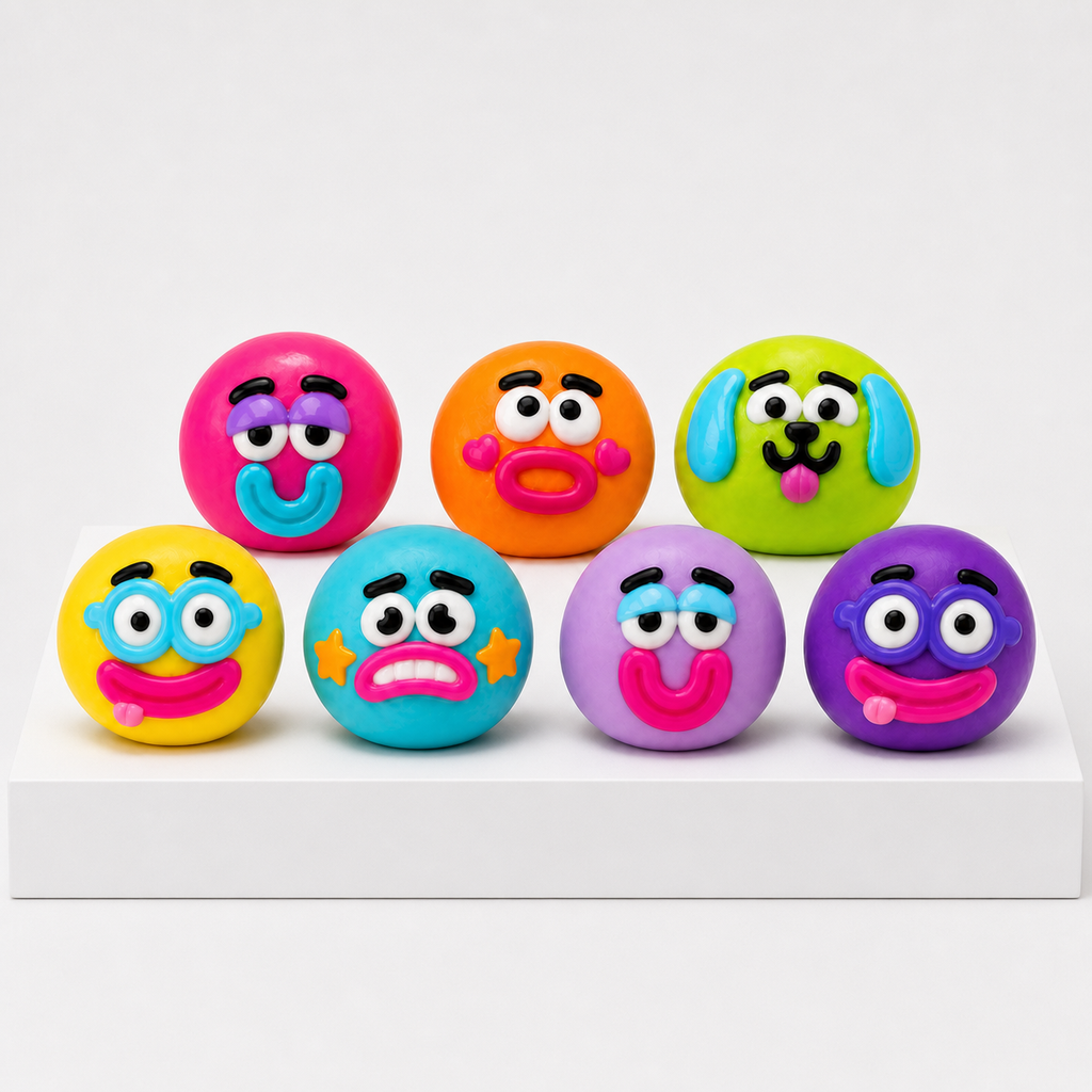 Seven ORB Curiosities Smushers character squishy toys arranged together