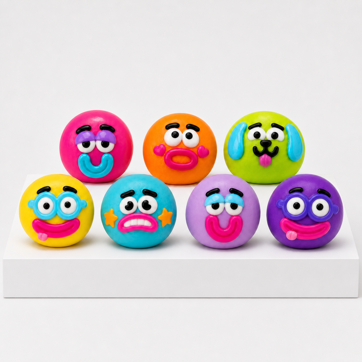 Seven ORB Curiosities Smushers character squishy toys arranged together