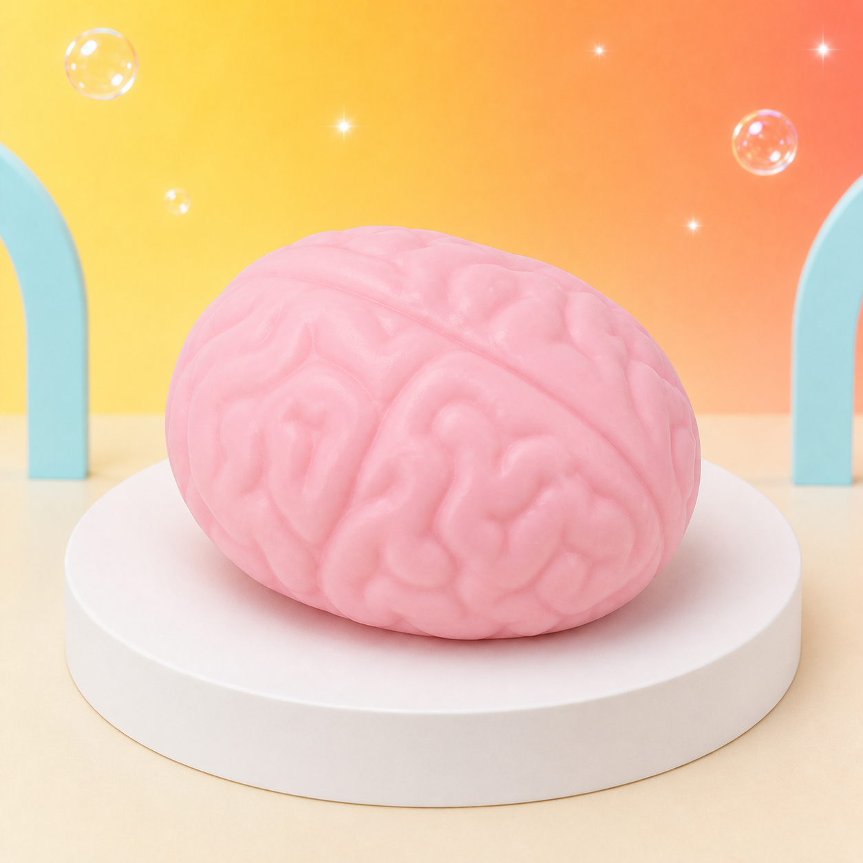 Top three-quarter view of the pink ORB Jumbo Brainy squishy on a white podium