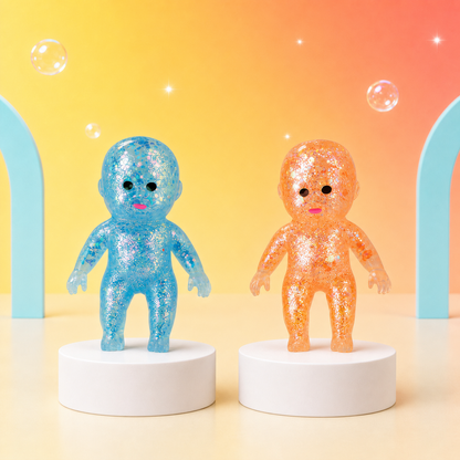 Blue and orange ORB Sugar Swaps Twinsies glitter babies on white podiums