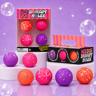 NeeDoh Dohnut Holes 4-pack and 6-pack with six pink, purple, and orange squishy balls on white podiums.