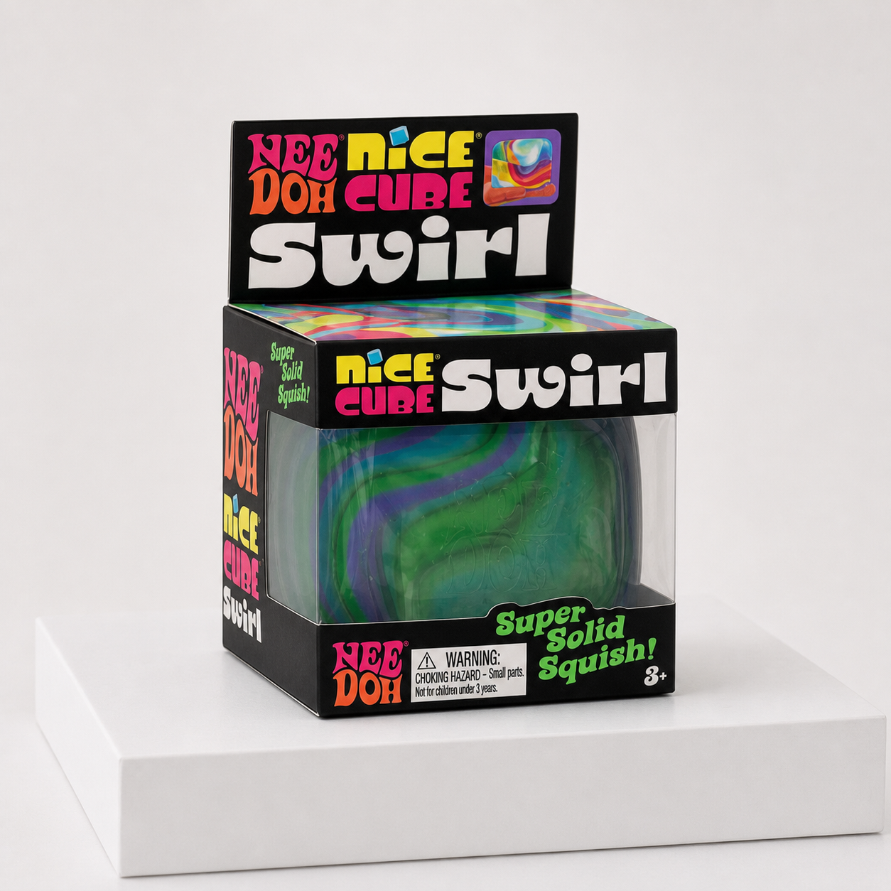 Green purple and blue NeeDoh Nice Cube Swirl retail package