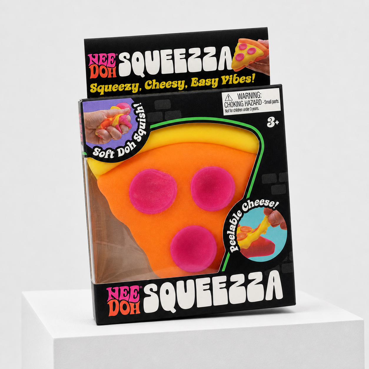 NeeDoh Squeeza Pizza orange body and yellow crust retail package tilted on a white rectangular podium