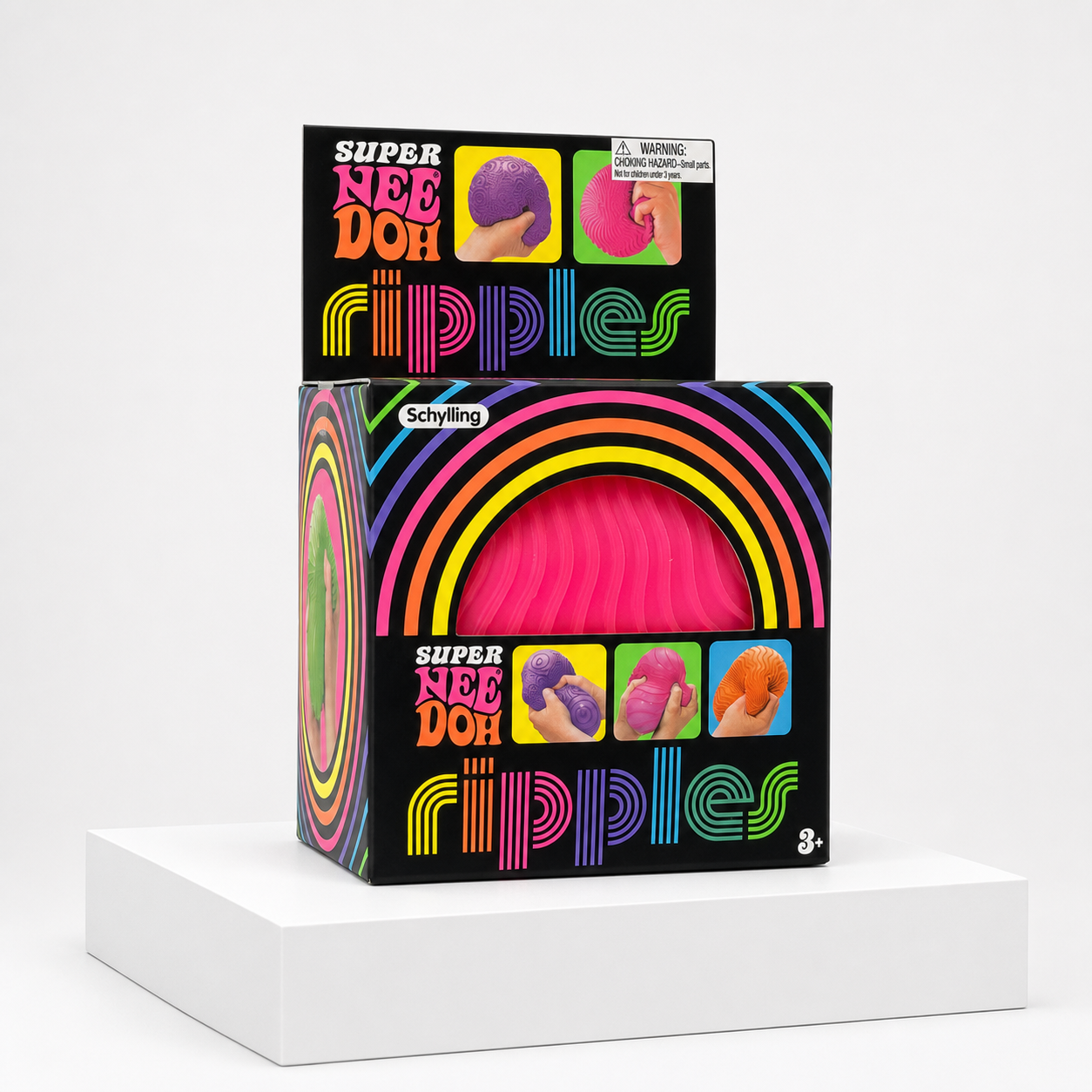 Pink NeeDoh Super Ripples fidget ball retail package on a white rectangular podium
