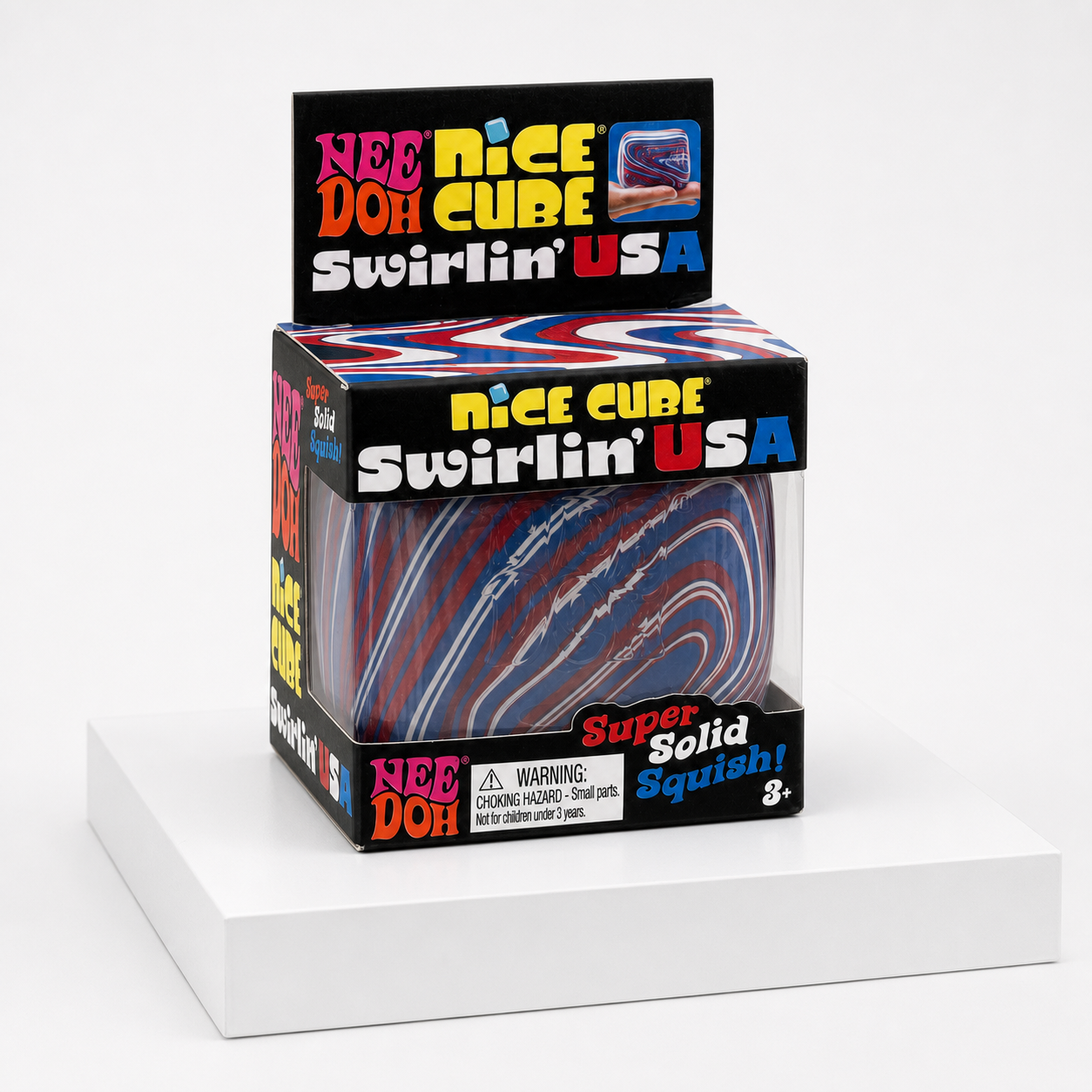 NeeDoh Nice Cube Swirlin USA retail package in a subtly tilted studio view on a white podium