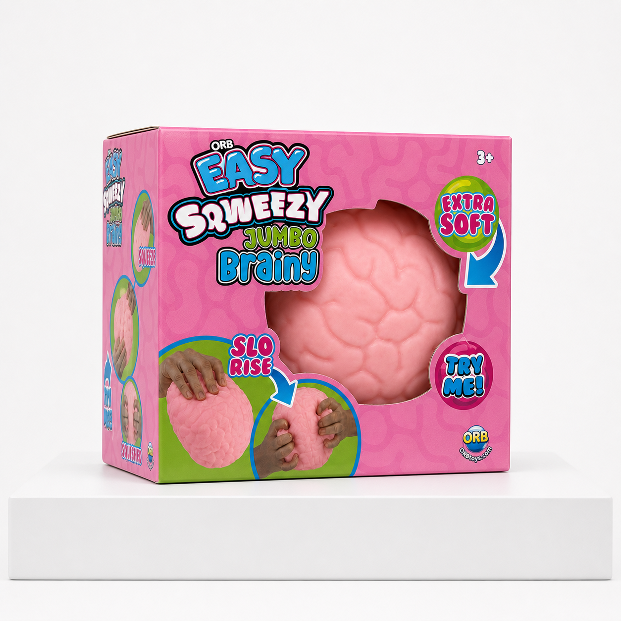 ORB Easy Sqweezy Jumbo Brainy retail package in a studio view on a white podium