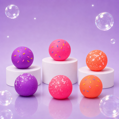 Six pink, purple, and orange NeeDoh Dohnut Holes with sprinkle and powdered finishes on white podiums.