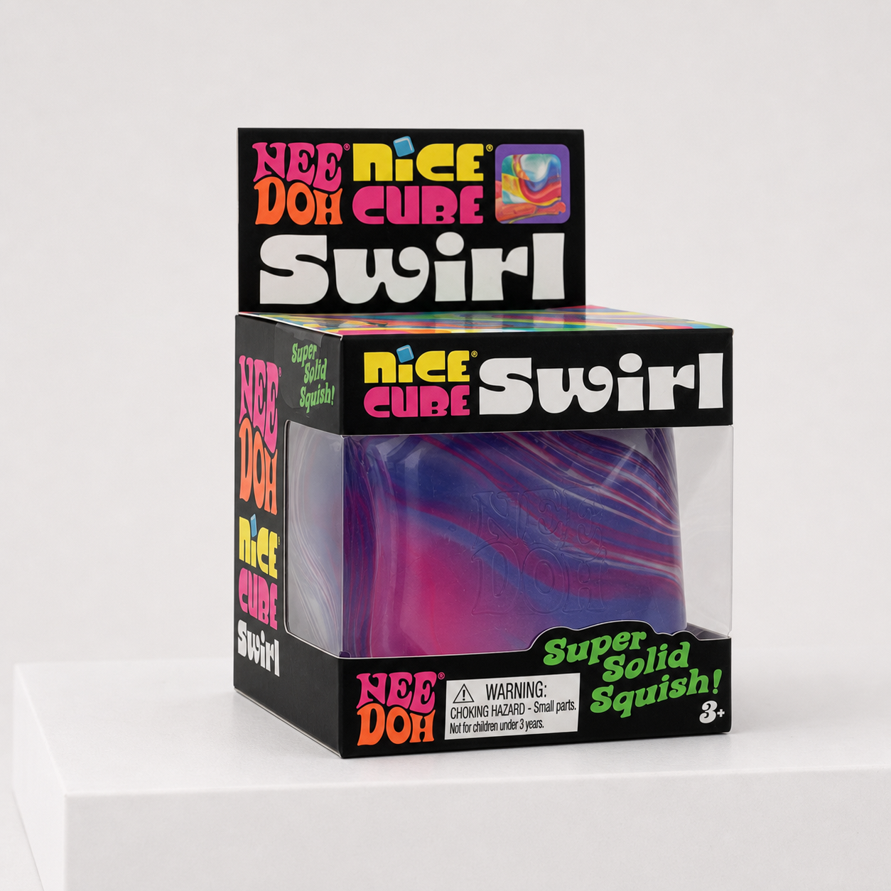 Purple pink and black NeeDoh Nice Cube Swirl retail package