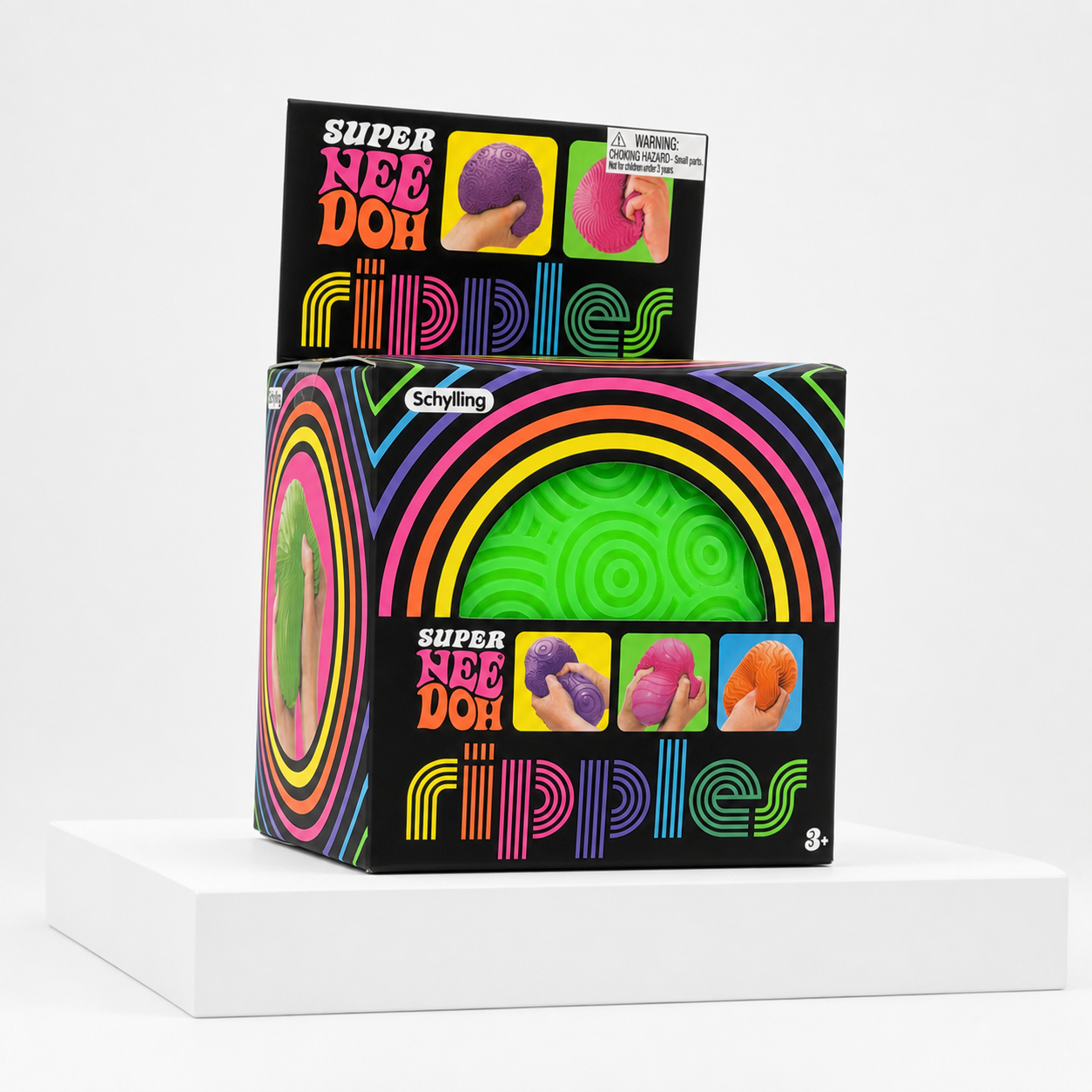 Green NeeDoh Super Ripples fidget ball retail package on a white rectangular podium
