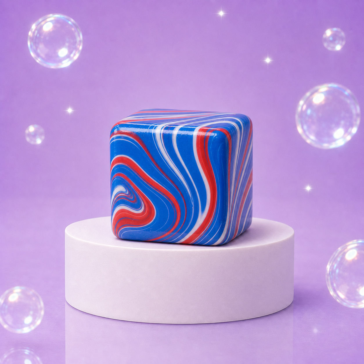 Red, white, and blue NeeDoh Nice Cube Swirlin USA squishy displayed on a white podium.