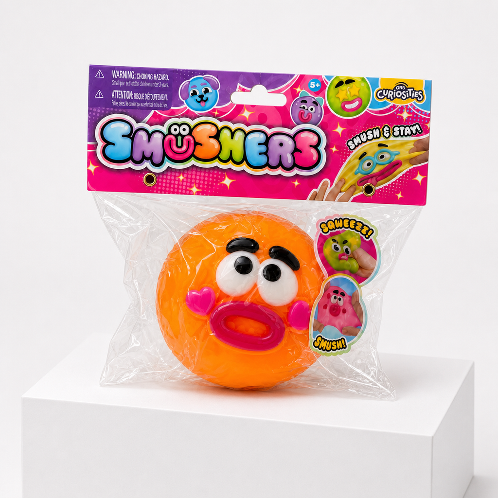 Orange ORB Curiosities Smushers Squishy Toy in retail packaging