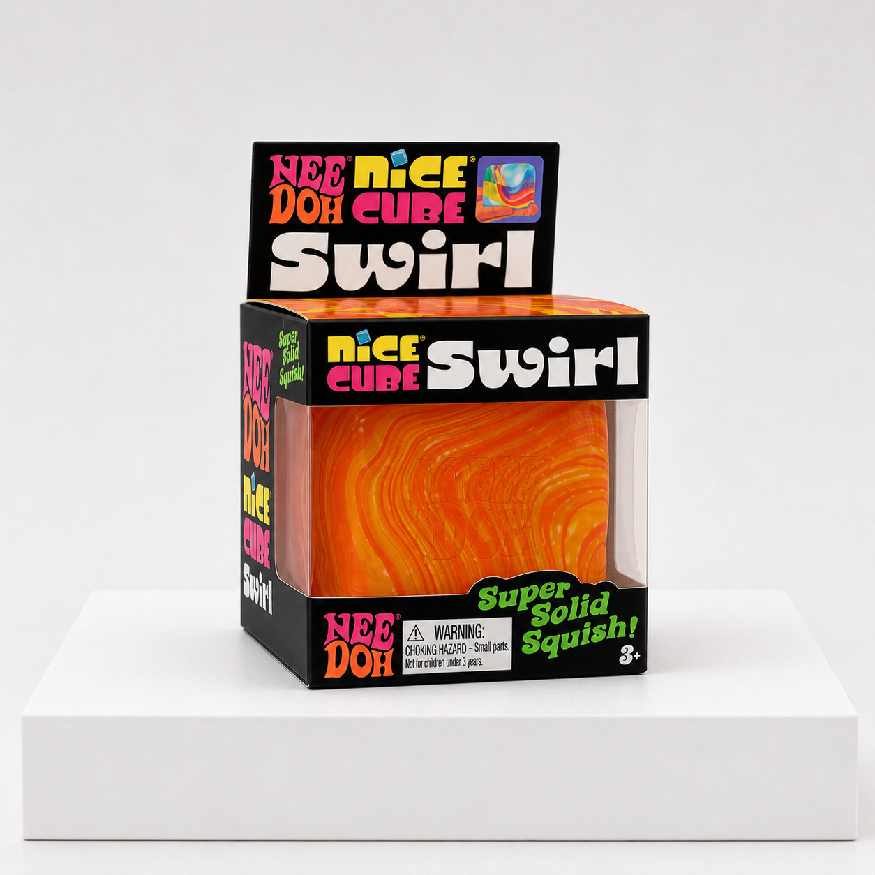 Orange pink and yellow NeeDoh Nice Cube Swirl retail package