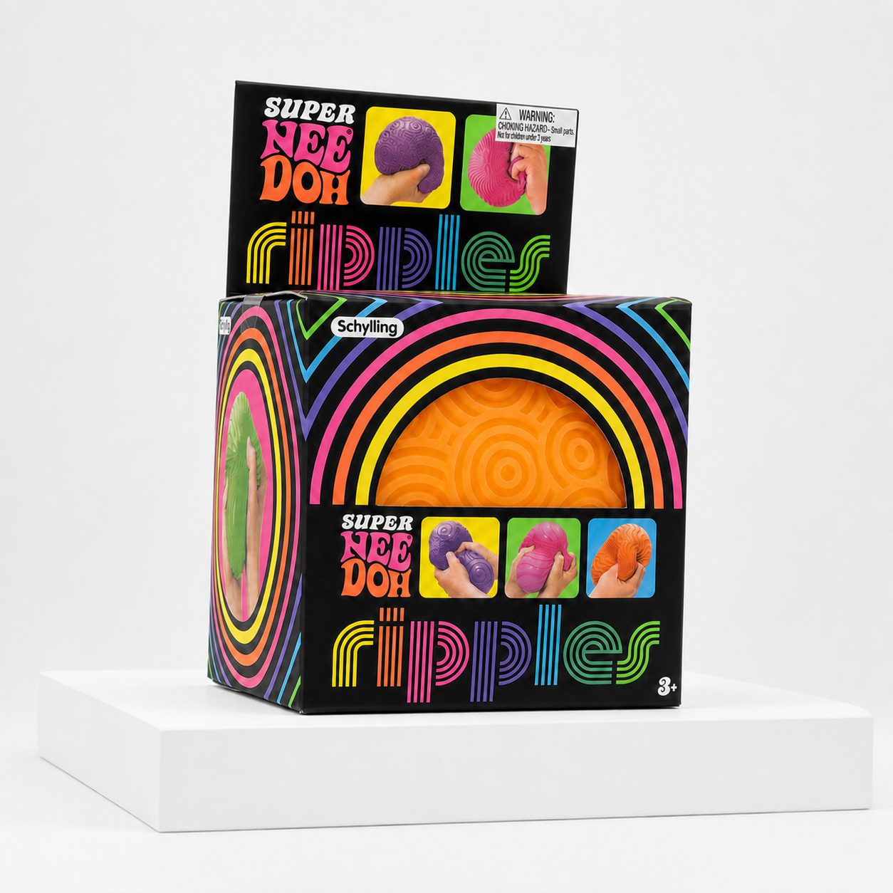 Orange NeeDoh Super Ripples fidget ball retail package on a white rectangular podium