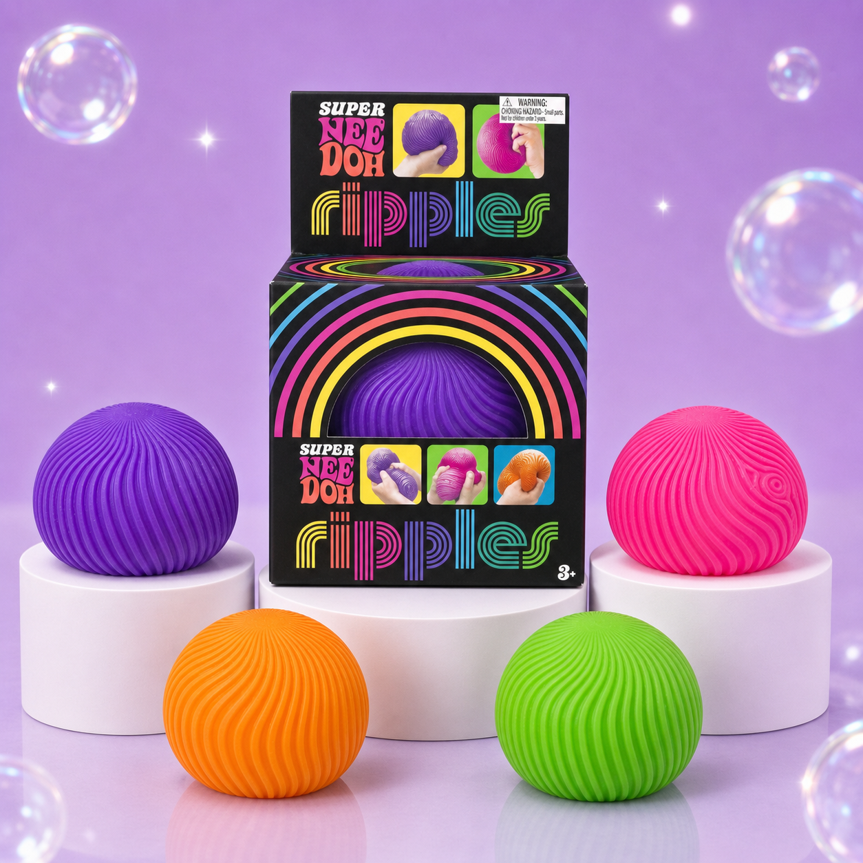 NeeDoh Super Ripples package with purple, orange, green, and pink textured fidget balls on white podiums.