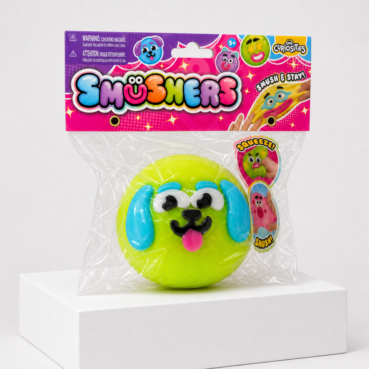 Neon Green ORB Curiosities Smushers Squishy Toy in retail packaging