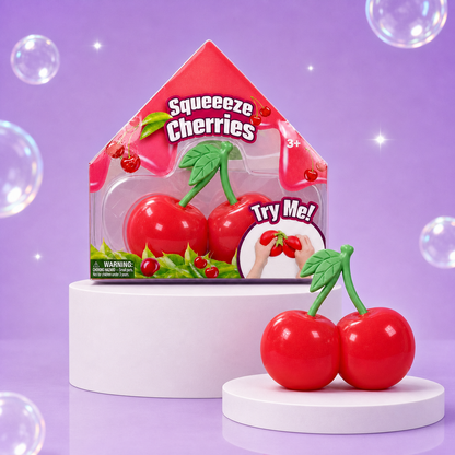 Sunny Days Squeeezy Cherries package with a connected red two-cherry sensory toy on white podiums.