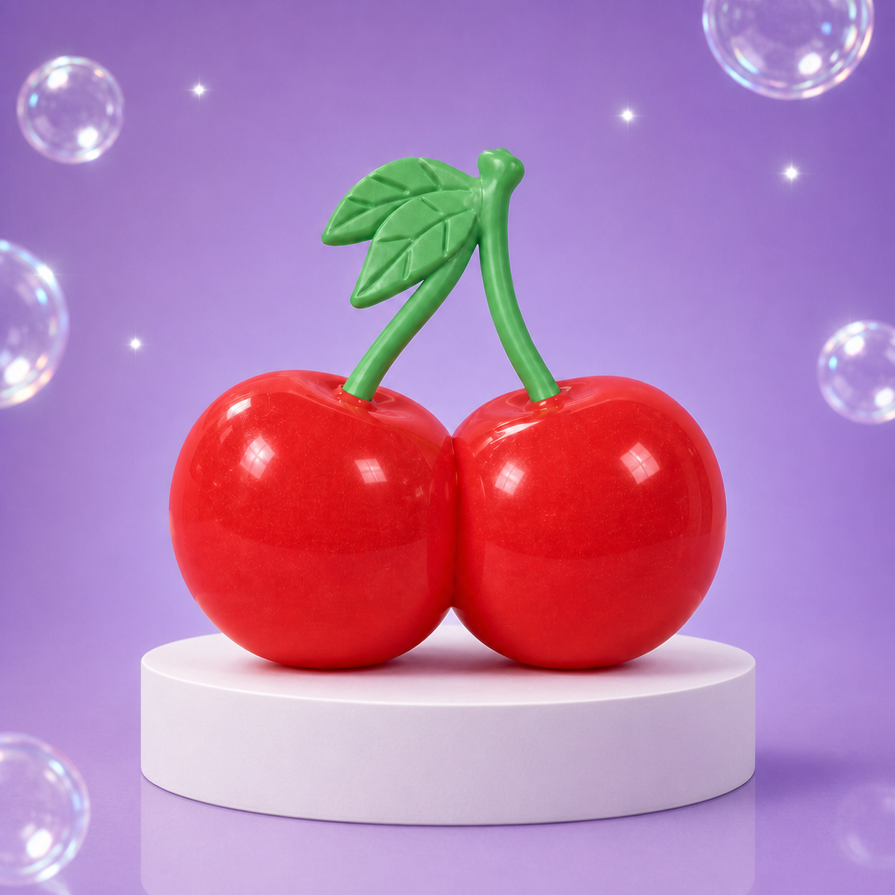Connected red Sunny Days Squeeezy Cherries sensory fidget toy displayed on a white podium.