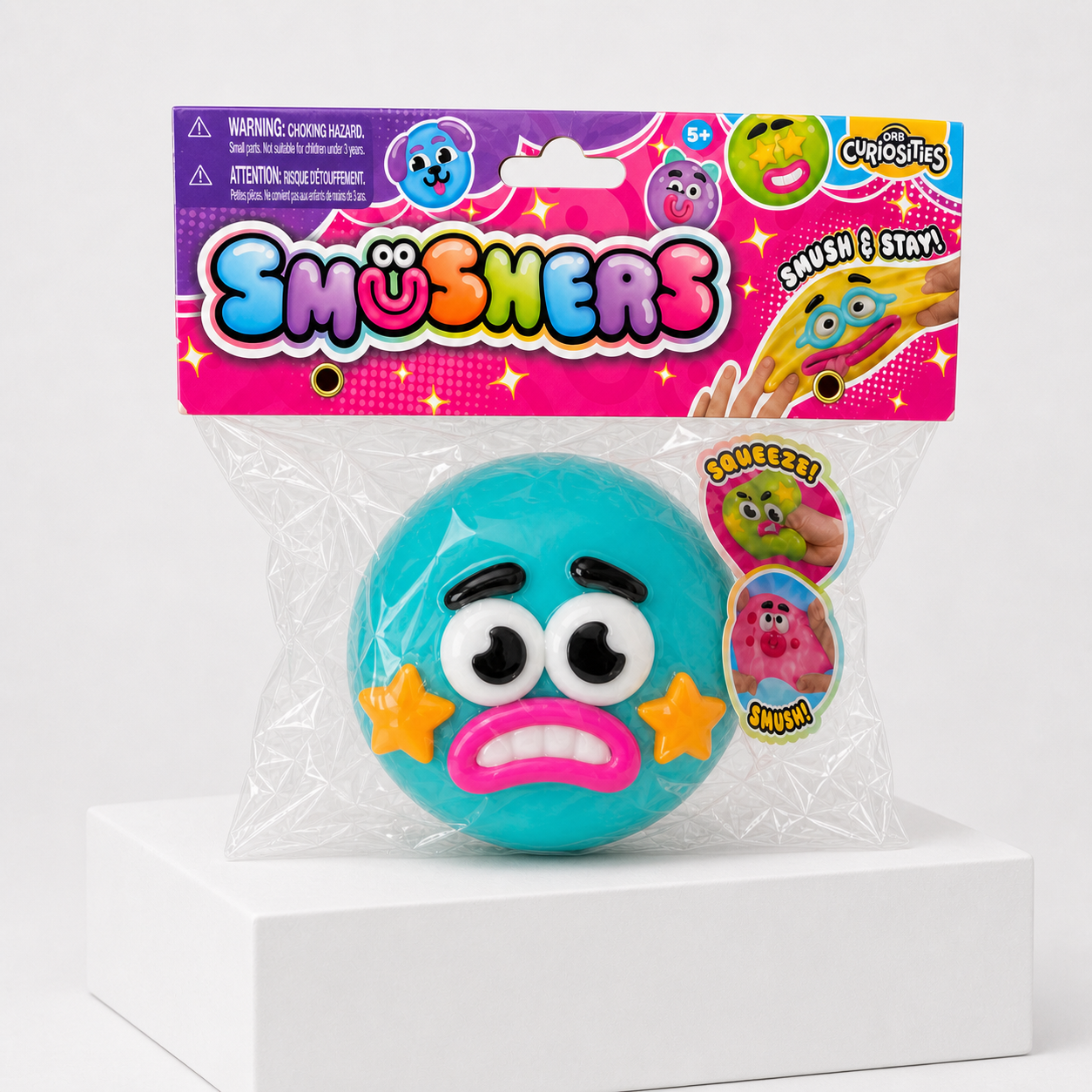 Teal ORB Curiosities Smushers Squishy Toy in retail packaging