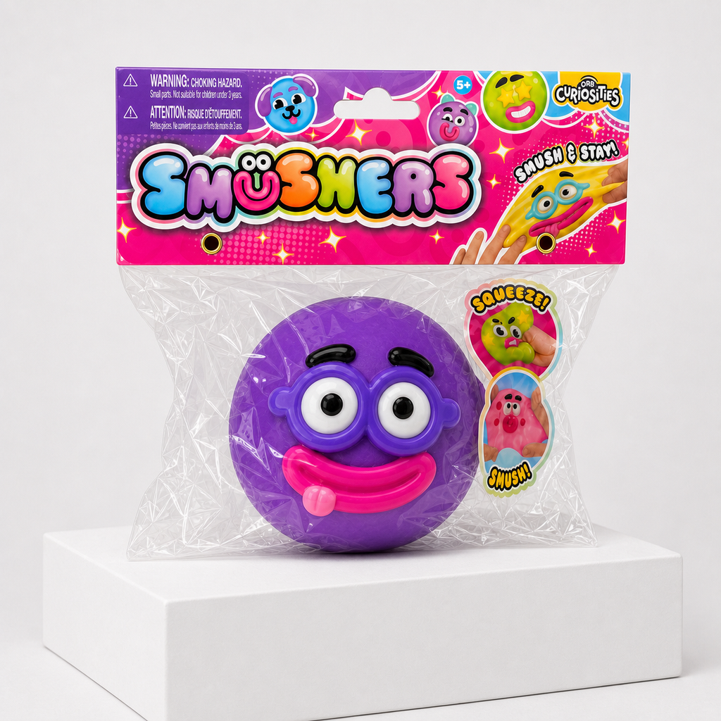 Purple ORB Curiosities Smushers Squishy Toy in retail packaging