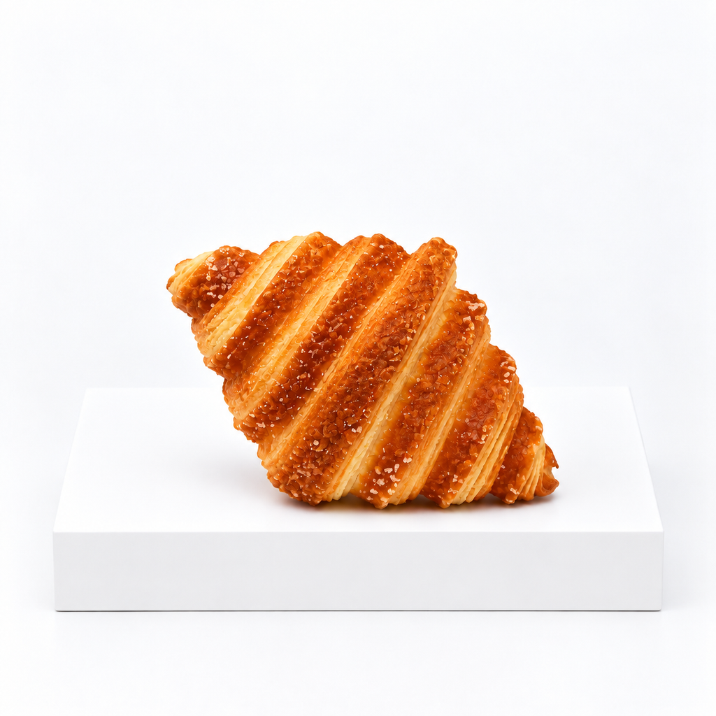 Ridged golden-brown pastry-shaped squishy viewed from the side