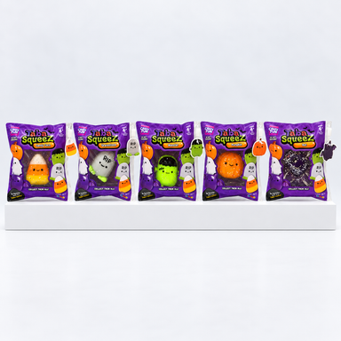 Five purple Crazy Fun Taba Squeez Halloween packs lined up on a shelf