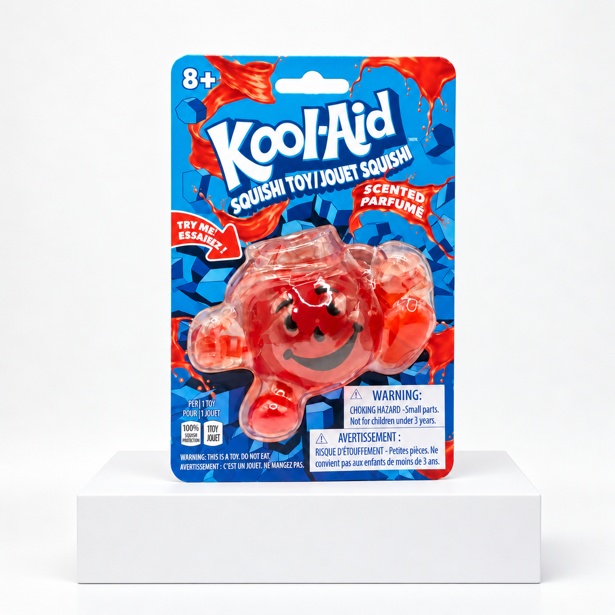 Red Kool-Aid character squishy in a blue and red retail blister pack